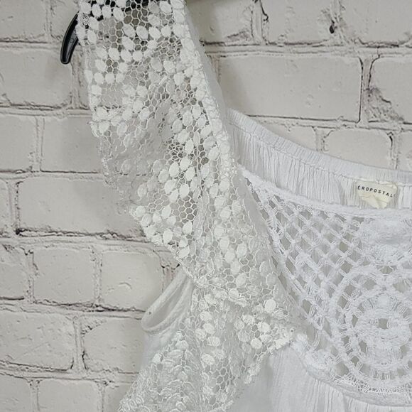 Aeropostale White Lace Flutter Sleeve Crepe Tank Tee Medium Knit Blouse Work - Picture 3 of 8